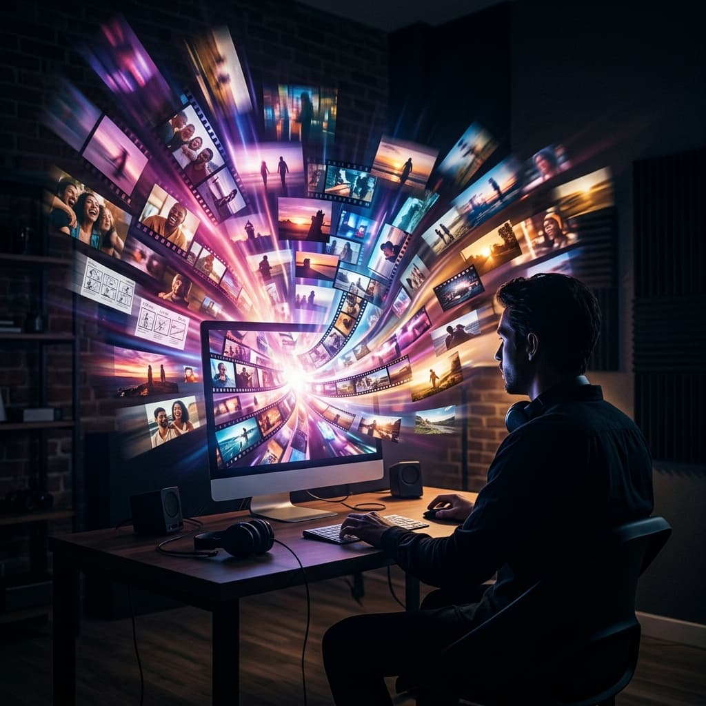 A creator using StoryFarm — cinematic content exploding from the screen